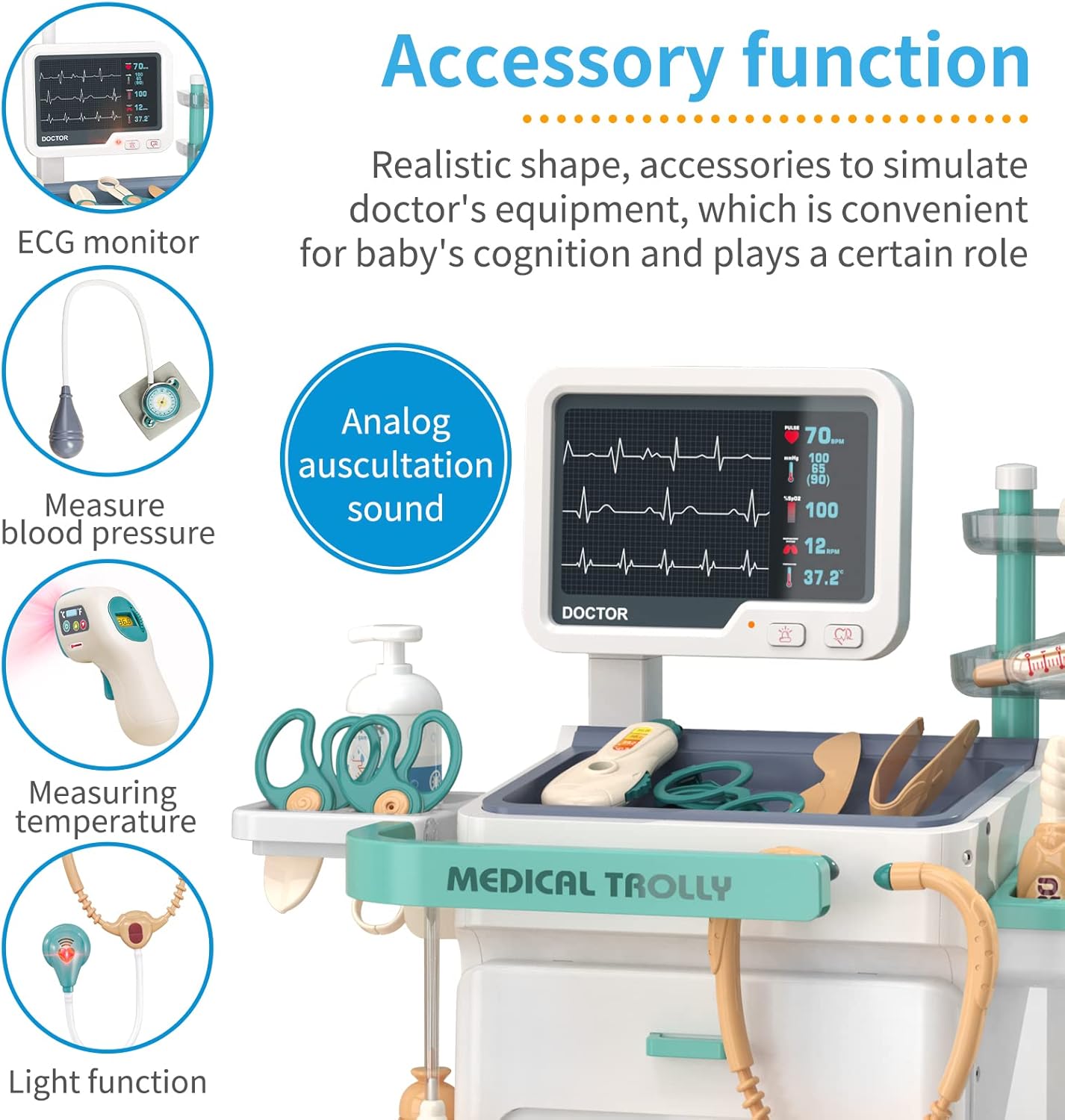 Deejoy Toy Doctor Kit for Kids, Pretend Medical Station Set for Boys & Girls, 26 Accessories Mobile Cart with Lights and Thermometer, Kids Doctor Kit for Toddlers 3-5 Years Old 5 Deejoy Toy Doctor Kit for Kids, Pretend Medical Station Set for Boys & Girls, 26 Accessories Mobile Cart with Lights and Thermometer, Kids Doctor Kit for Toddlers 3-5 Years Old - الصورة 5