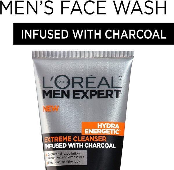 ⁦L’Oréal Paris Mens Face Wash, Beard and Skincare for Men, L'Oreal Skincare Men Expert Hydra Energetic Facial Cleanser with Charcoal for Daily Face Washing, 5 fl. Oz⁩ - الصورة ⁦2⁩