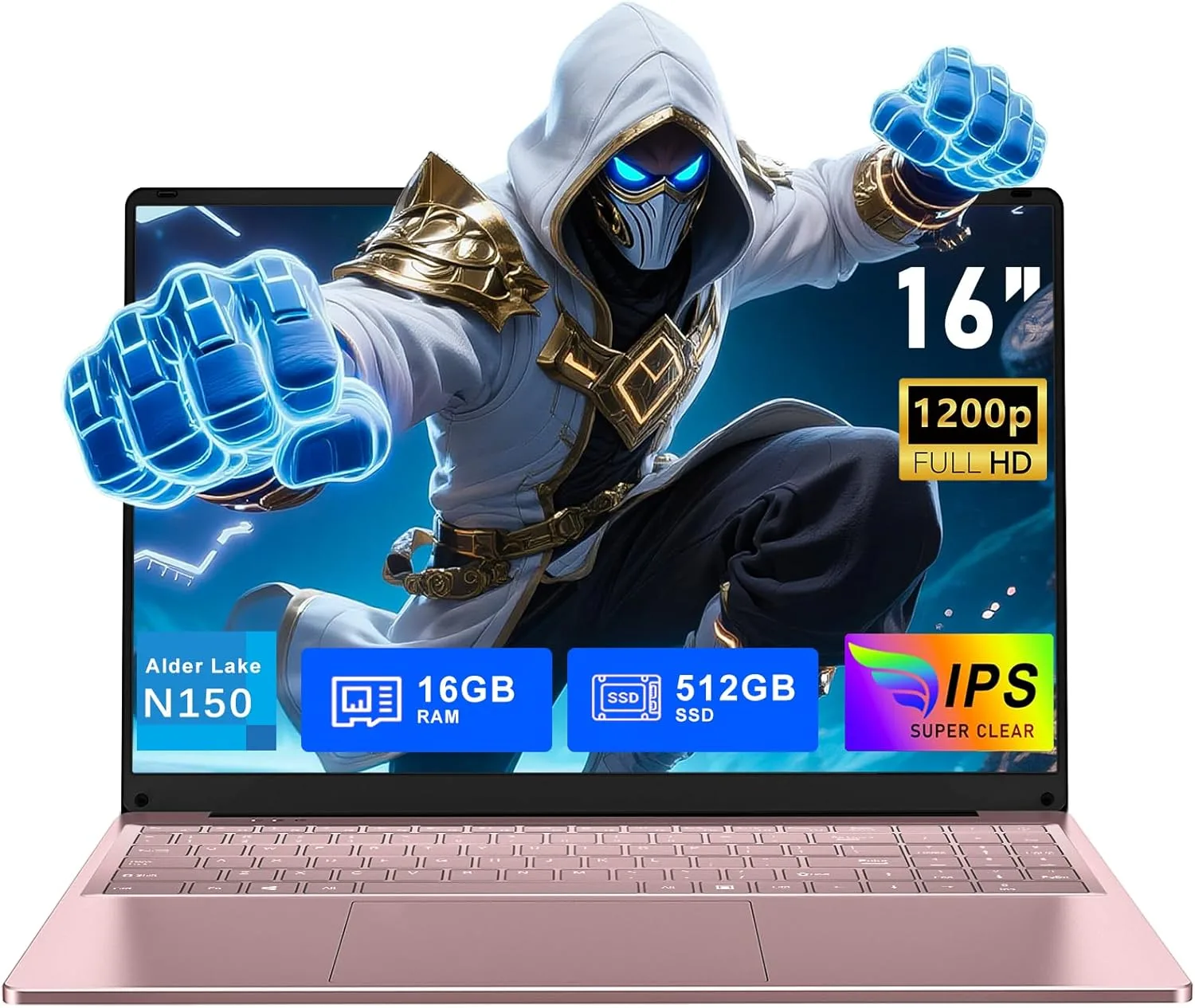 FUNYET Gaming Laptop, 16 Inch Laptop Computer with Win 11 Pro, 12th Gen N150 Processor(up to 3.6GHz), 16GB RAM 512GB SSD, Backlit Keyboard, FHD 1920 * 1200, Bluetooth. Rose Gold.