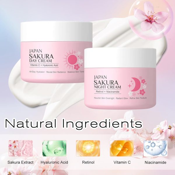 ⁦2 Pieces Sakura Day Cream & Night Cream Duo for Teenage Girls, Anti-Ageing Face Cream Set with Retinol, Hyaluronic Acid and Vitamin C, Day and Night Cream Moisturising Cream for Women⁩ - الصورة ⁦6⁩