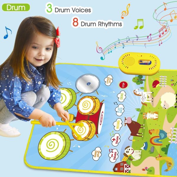 ⁦3 in 1 Musical Mat for Toddlers, Baby Toys Piano Keyboard and Animal Sound and Drum Set with 2 Sticks for Boys Girls Gift, Animal Touch Play Blanket Early Education Learning Toys for 1 2 3 Years Kids⁩ - الصورة ⁦5⁩