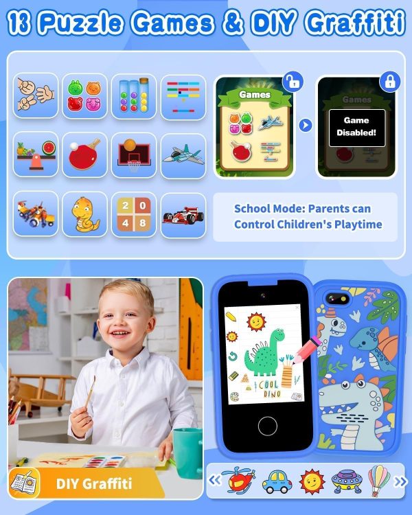 ⁦Kids Smart Phone for Boys, Christmas Birthday Gifts for Boy Girl Age 3-10 Kids Toys Cell Phone, 2.8" Touchscreen Toddler Learning Play Toy Phone with Dual Camera, Game, Music Player, 8GB Card (Blue)⁩ - الصورة ⁦5⁩