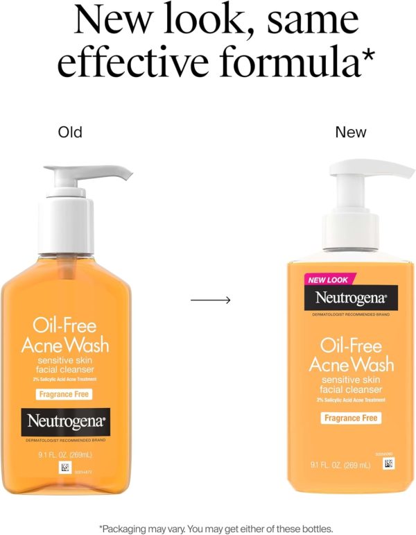 ⁦Neutrogena Oil-Free Acne Face Wash, Fragrance Free, Sensitive Skin Facial Cleanser with 2% Salicylic Acid Acne Treatment for Face, 9.1 Fl Oz⁩ - الصورة ⁦2⁩