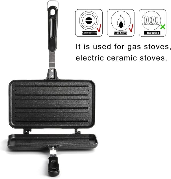 ⁦ALMEKAQUZ Sandwich Maker, Grilled Sandwich and Panini Maker Pan, with Non-Stick Plates and Handle, Stovetop Toasted Sandwich Maker Aluminum Flip Pan for Home Kitchen, Camping Cookware Equipment.⁩ - الصورة ⁦3⁩