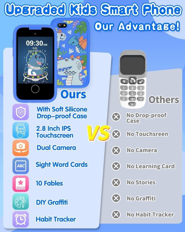 ⁦Kids Smart Phone for Boys, Christmas Birthday Gifts for Boy Girl Age 3-10 Kids Toys Cell Phone, 2.8" Touchscreen Toddler Learning Play Toy Phone with Dual Camera, Game, Music Player, 8GB Card (Blue)⁩ - الصورة ⁦6⁩