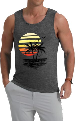 ONLYSTORY Mens Graphic Tank Tops Crewneck Gym Muscle Beach Hawaii Sleeveless Shirts