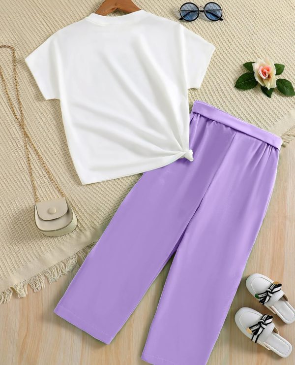 ⁦VeryNew Girls 2 Piece Outfits Kids Clothes Casual Girl Crop Tops + Solid Pants with Belt for 7-12Y⁩ - الصورة ⁦5⁩