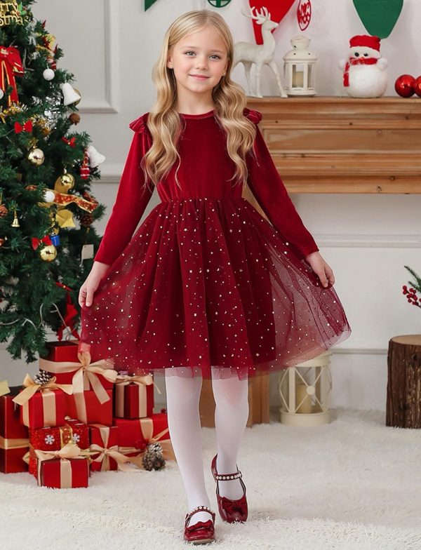 ⁦SEAUR Little Girls Long Sleeve Tutu Dress Sparkly Tulle Toddler Holiday Party Dress Ruffle Star Sequin Fall Winter Christmas Halloween 2-8 Years⁩ - الصورة ⁦3⁩
