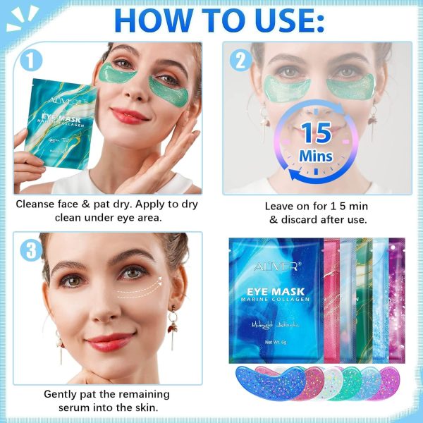 ⁦ALIVER Eye Gels with Natural Marine Collagen Hyaluronic & Pearl Under Eye Patches (12 Pcs), Under Eye Masks for Puffy Eyes & Dark Circles & Eye Bags, Face Moisturizer Treatment, Reduce Wrinkles⁩ - الصورة ⁦2⁩