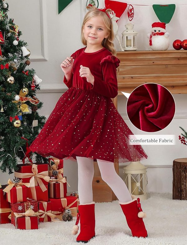 ⁦SEAUR Little Girls Long Sleeve Tutu Dress Sparkly Tulle Toddler Holiday Party Dress Ruffle Star Sequin Fall Winter Christmas Halloween 2-8 Years⁩ - الصورة ⁦4⁩