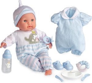 JC Toys 15" Realistic Soft Body Baby Doll with Open/Close Eyes | - Berenguer Boutique | 10 Piece Gift Set with Bottle, Rattle, Pacifier & Accessories | Blue | Ages 2+
