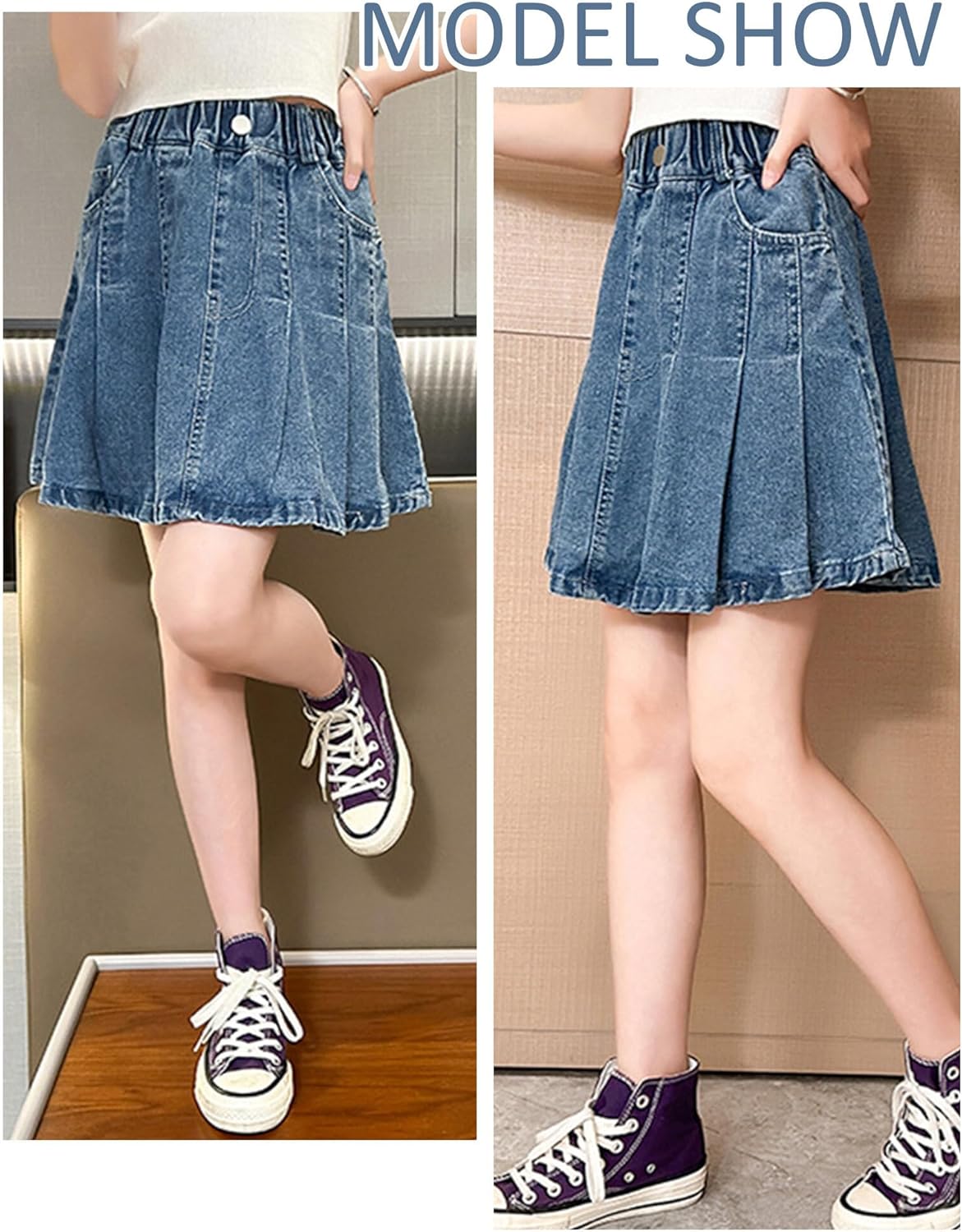 SEAUR Kids Girls Denim Skirt Elastic Waist Casual Jean Skirt Summer A Line Denim Skirt Blue Pleated Stretch Skirt Breathable Soft Baggy Skirt with Pockets for 5-14 Years 5 SEAUR Kids Girls Denim Skirt Elastic Waist Casual Jean Skirt Summer A Line Denim Skirt Blue Pleated Stretch Skirt Breathable Soft Baggy Skirt with Pockets for 5-14 Years - الصورة 5