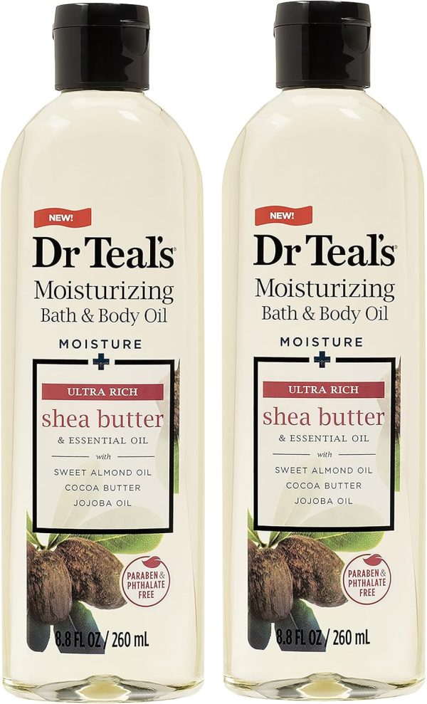Dr. Teal's Moisturizing Bath & Body Oil 2-Pack (17.6 Fl Oz Total) Moisture + Ultra Rich Shea Butter & Essential Oil. Treat your skin, your senses, and your stress.