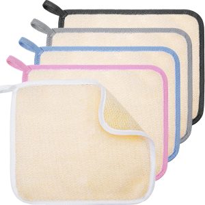 Tatuo 5 Pieces Exfoliating Face and Body Wash Cloths Towel Weave Bath Cloth Exfoliating Scrub Cloth Massage Bath Cloth for Women and Men (White, Pink, Blue, Gray, Black Edge,10.63 x 9.05 Inch)
