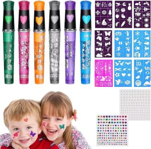 Face Paint Pens - 6-Color Water-Based Face & Body Painting Crayons With 9 Stencils | Paint Marker Sticks For Skin Washable Safe For Sensitive Skin