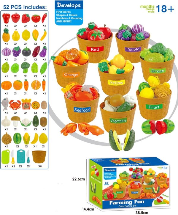 ⁦Kids Kitchen Chopping Toys, Pretend Fruit and Vegetable Accessories with Color Sorting Storage Basket, Plastic Mini Chopping Board and Knife, Toddler Educational Toys, Children's Birthday Gift (52)⁩ - الصورة ⁦8⁩