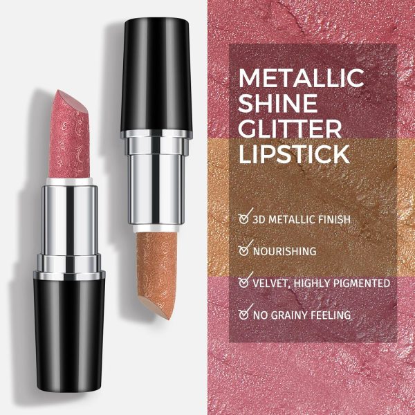 ⁦Anglicolor Metallic Glitter Lipstick,Lipstick Highly Pigmented,Glitter lipstick Long-Lasting Moisturising,Velvety smooth application,Creamy sculpted design lipstick. (#10-4)⁩ - الصورة ⁦4⁩