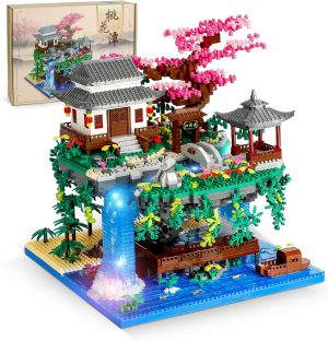 KASTWAVE Peach Blossom Pond Micro Mini Building Blocks Set, Chinese Architecture Cherry Bonsai Gift Toys with String Lights, Japanese Sakura Tree House Micro Bricks for Adults and 14+ Kids (3320 Pcs)