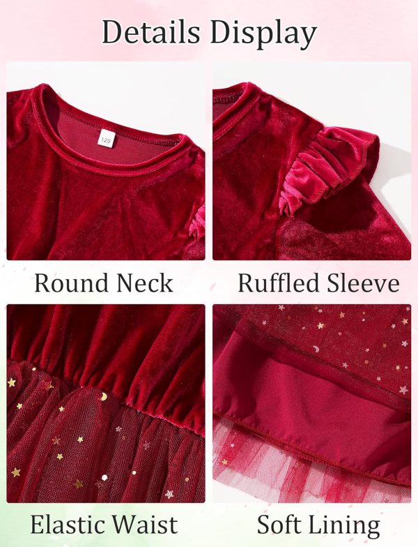 ⁦SEAUR Little Girls Long Sleeve Tutu Dress Sparkly Tulle Toddler Holiday Party Dress Ruffle Star Sequin Fall Winter Christmas Halloween 2-8 Years⁩ - الصورة ⁦5⁩