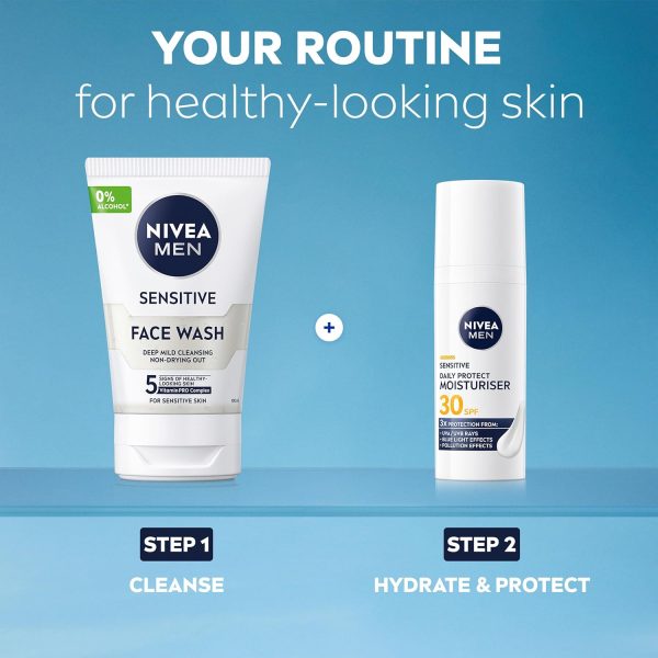 ⁦NIVEA MEN Sensitive Daily Protect Moisturiser SPF 30 (50ml), Moisturising Men's Face Cream Suitable For Sensitive Skin, Lightweight Face Moisturiser with UV Protection, Non-Greasy Formula⁩ - الصورة ⁦7⁩