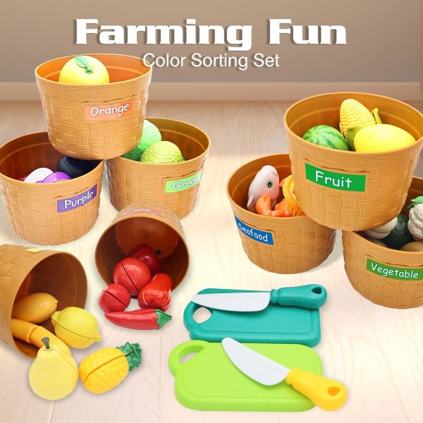 ⁦Kids Kitchen Chopping Toys, Pretend Fruit and Vegetable Accessories with Color Sorting Storage Basket, Plastic Mini Chopping Board and Knife, Toddler Educational Toys, Children's Birthday Gift (52)⁩ - الصورة ⁦5⁩