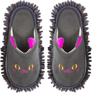 KASTWAVE Warm Indoor Walking Shoes, Dust Cleaning Floor Polishing Slippers, Hair Clean, Men and Women Washable Unisex Slippers (M, Darkgray Cat)