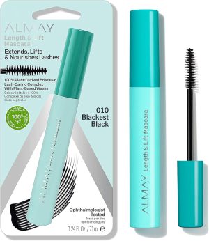 Almay Length & Lift Mascara, Plant Based Volumizing Lengthening Eye Makeup, Hypoallergenic and -Fragrance Free, 010 Blackest Black, 0.24 fl. oz.