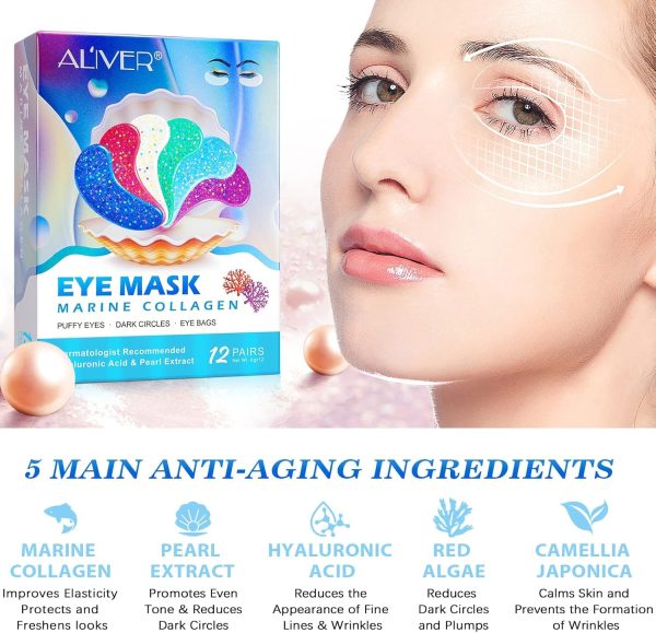⁦ALIVER Eye Gels with Natural Marine Collagen Hyaluronic & Pearl Under Eye Patches (12 Pcs), Under Eye Masks for Puffy Eyes & Dark Circles & Eye Bags, Face Moisturizer Treatment, Reduce Wrinkles⁩ - الصورة ⁦9⁩