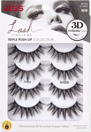 KISS Lash Couture Triple Push Up Collection Multipack, 3D Volume False Eyelashes, Triple Design Technology, Multi-Angles & Lengths, Cruelty-Free, Contact Lens Friendly, Reusable, Style Robe, 4 Pairs