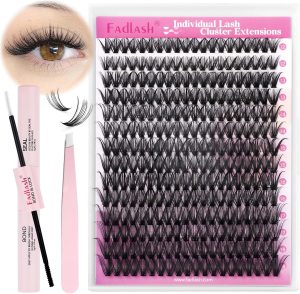 FADLASH DIY Lash Extension Kit Individual Lashes Cluster D Curl Eyelash Extension Kit with Lash Bond and Seal and Lash Applicator Tool for Self Application at Home (40D-0.07D-12-18MIX KIT)