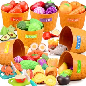 Kids Kitchen Chopping Toys, Pretend Fruit and Vegetable Accessories with Color Sorting Storage Basket, Plastic Mini Chopping Board and Knife, Toddler Educational Toys, Children's Birthday Gift (52)