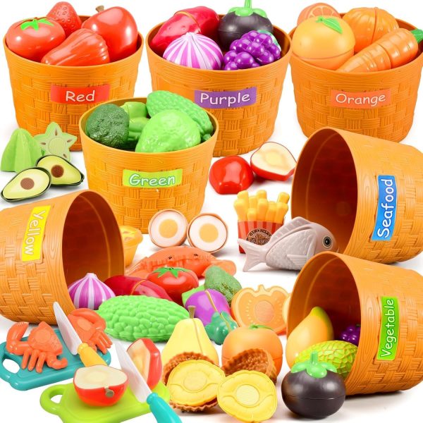 Kids Kitchen Chopping Toys, Pretend Fruit and Vegetable Accessories with Color Sorting Storage Basket, Plastic Mini Chopping Board and Knife, Toddler Educational Toys, Children's Birthday Gift (52)