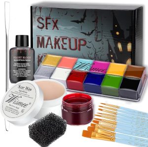 Wismee Face Paint Kit Sfx Makeup Special Effects Makeup Kit with Wound Scar Wax, Fake Scab Blood, Makeup Spatula for Halloween Cosplay Makeup Oil Based Professional Face Paint Makeup Palette Set