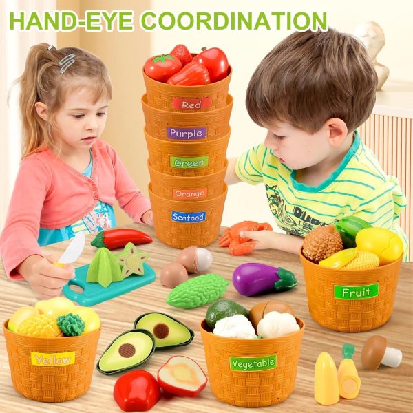 ⁦Kids Kitchen Chopping Toys, Pretend Fruit and Vegetable Accessories with Color Sorting Storage Basket, Plastic Mini Chopping Board and Knife, Toddler Educational Toys, Children's Birthday Gift (52)⁩ - الصورة ⁦7⁩