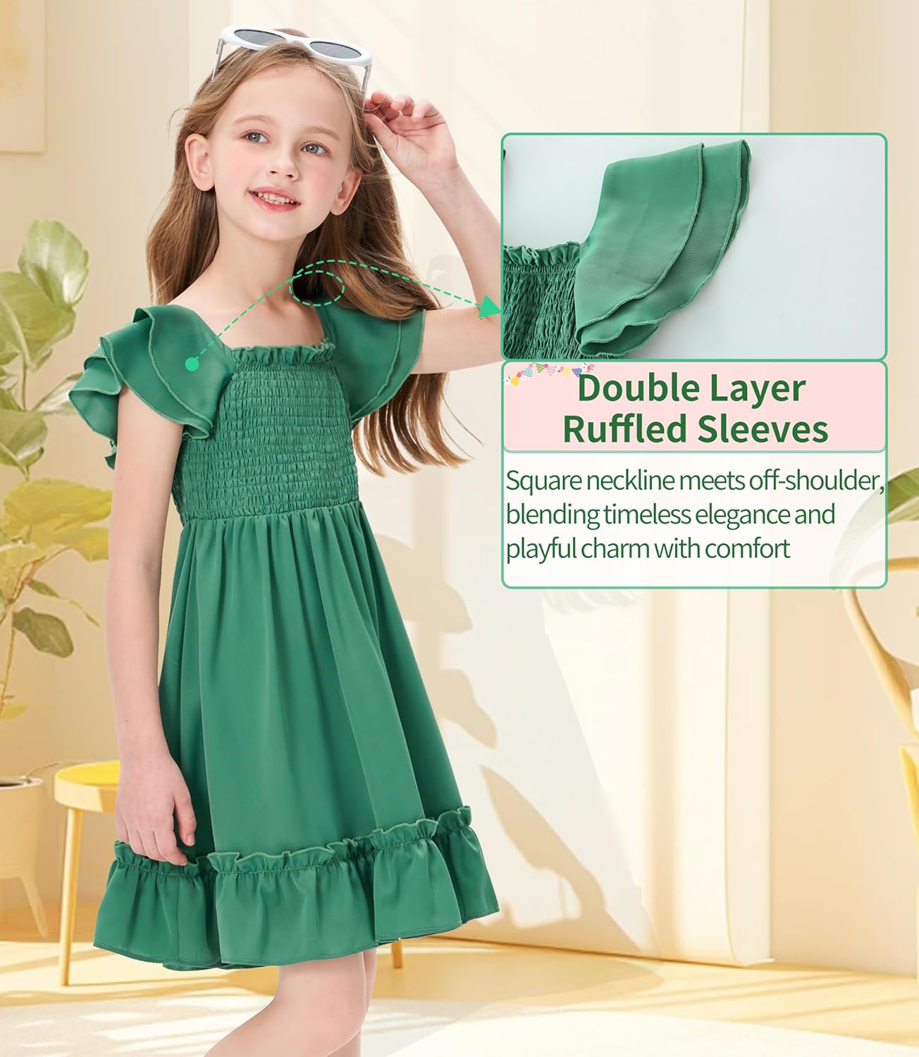 Hvididan Girls Summer Dresses Cute Double Layer Ruffle Sleeve Off Shoulder Dress 5-14 Years 4 Hvididan Girls Summer Dresses Cute Double Layer Ruffle Sleeve Off Shoulder Dress 5-14 Years - الصورة 4