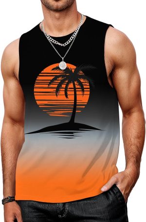 Indoner Mens Graphic Tank Tops Workout Sleeveless Shirts Hawaiian Palm Tree Vacation Tanks for Men Summer Beach T-Shirt