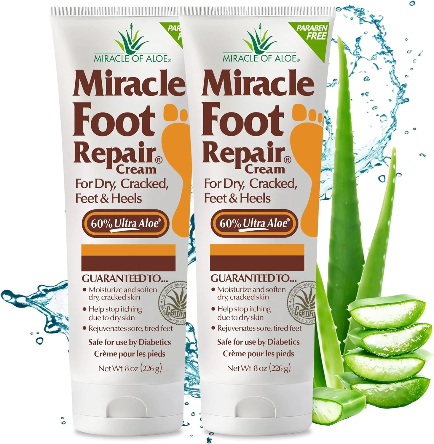 Miracle of Aloe Foot Repair Cream (8 oz / 2-Pack) Repairs Dry Cracked Heels and Feet, 60% Pure UltraAloe Moisturizes, Softens, and Repairs