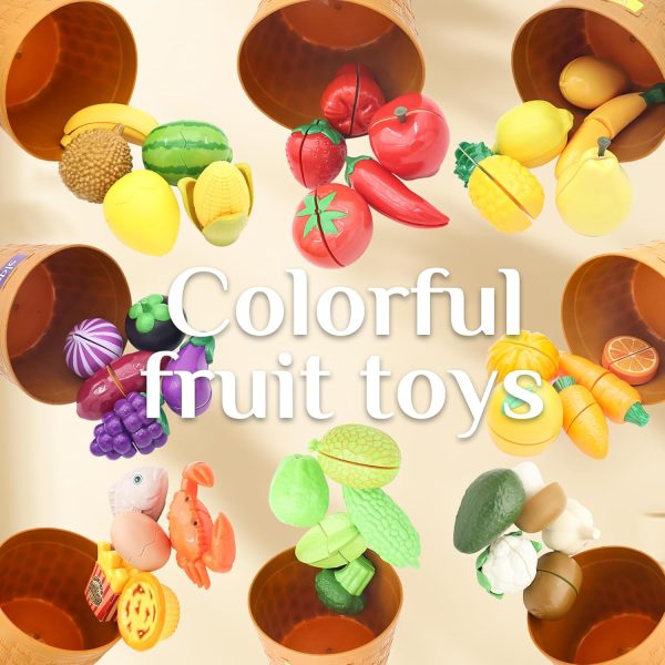 ⁦Kids Kitchen Chopping Toys, Pretend Fruit and Vegetable Accessories with Color Sorting Storage Basket, Plastic Mini Chopping Board and Knife, Toddler Educational Toys, Children's Birthday Gift (52)⁩ - الصورة ⁦4⁩