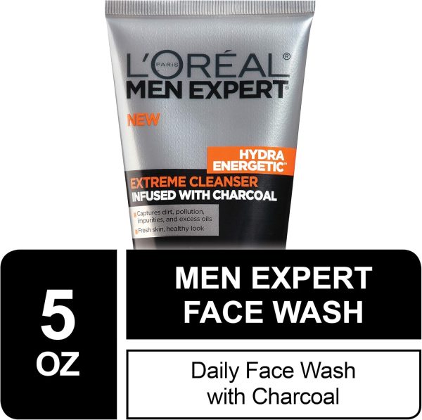 L’Oréal Paris Mens Face Wash, Beard and Skincare for Men, L'Oreal Skincare Men Expert Hydra Energetic Facial Cleanser with Charcoal for Daily Face Washing, 5 fl. Oz