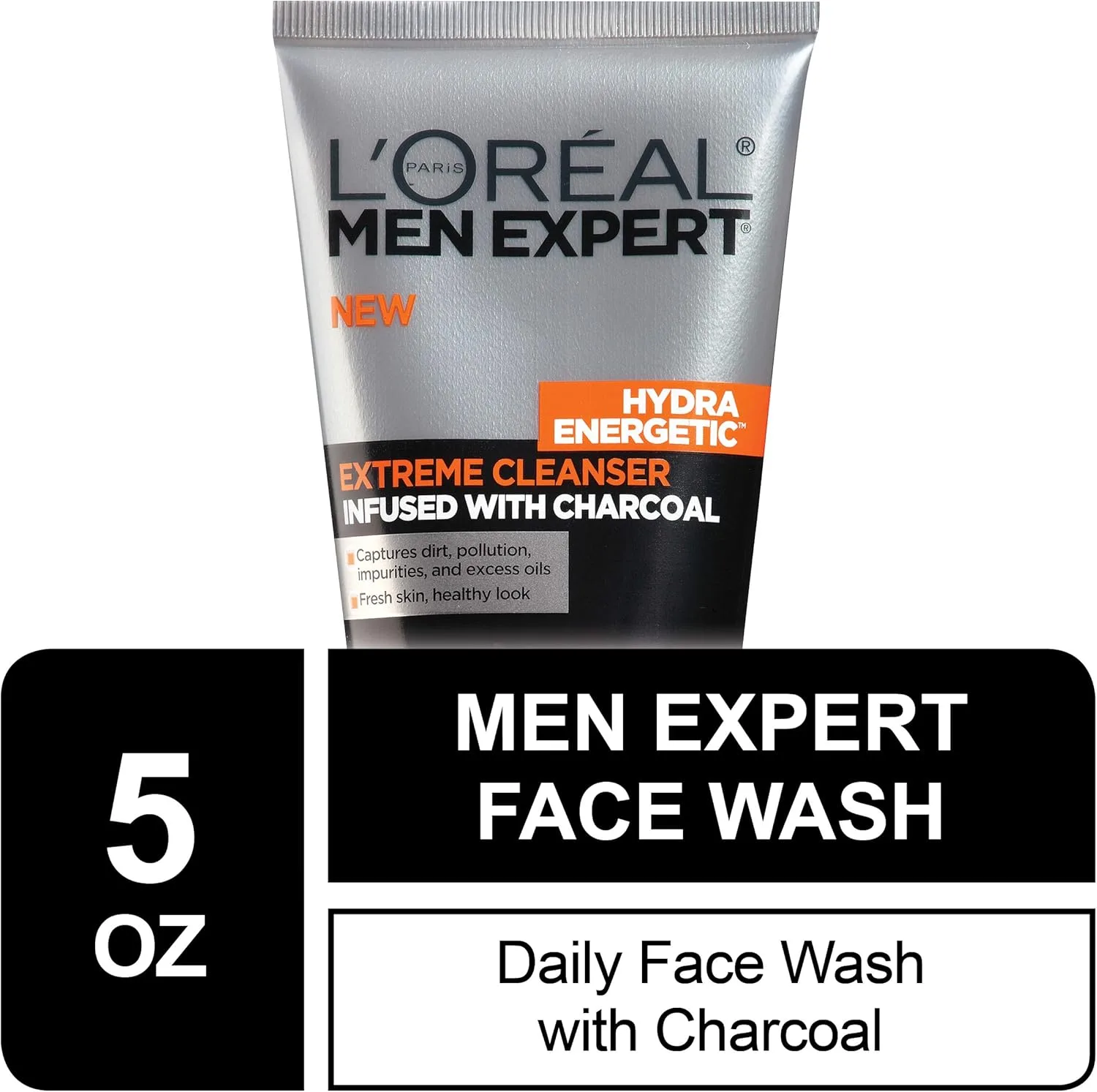 L’Oréal Paris Mens Face Wash, Beard and Skincare for Men, L'Oreal Skincare Men Expert Hydra Energetic Facial Cleanser with Charcoal for Daily Face Washing, 5 fl. Oz