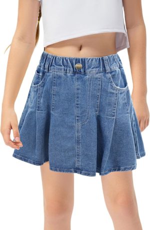 SEAUR Kids Girls Denim Skirt Elastic Waist Casual Jean Skirt Summer A Line Denim Skirt Blue Pleated Stretch Skirt Breathable Soft Baggy Skirt with Pockets for 5-14 Years