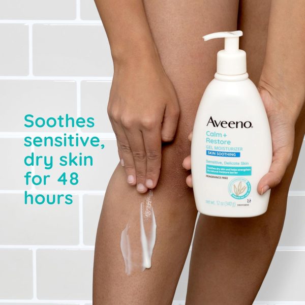 ⁦Aveeno Calm + Restore Gel Body Moisturizer for Sensitive, Delicate Skin, Lightweight Daily Dry Skin Healing Moisturizer with Prebiotic Oat, Aloe & Pro-Vitamin B5, Fragrance Free, 12 oz⁩ - الصورة ⁦2⁩