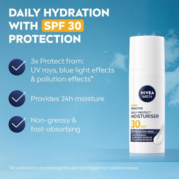 ⁦NIVEA MEN Sensitive Daily Protect Moisturiser SPF 30 (50ml), Moisturising Men's Face Cream Suitable For Sensitive Skin, Lightweight Face Moisturiser with UV Protection, Non-Greasy Formula⁩ - الصورة ⁦2⁩