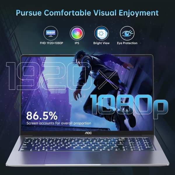⁦AOC 2025 AMD Laptop, 16.1” FHD Display, Ryzen 7 5700U CPU, (8C/16T, Up to 4.3GHz) 16GB RAM 512GB SSD, Laptop Computer, Wi-Fi 6, Backlit Keyboard, HDMI, USB3.2, Type-C, 53Wh Battery, Metal Shell⁩ - الصورة ⁦6⁩