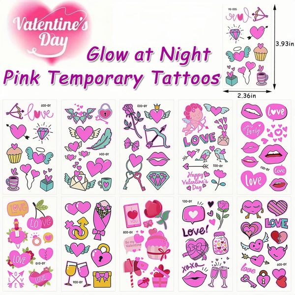 ⁦Tazweeq Valentines Day Temporary Tattoo Adult Kids, Romantic Red Heart Fake Tattoos, Love Gift Pink Luminous Tattoo Stickers, Glow at Night Semi Permanent Tattoo, for Women Valentines Decoration⁩ - الصورة ⁦2⁩
