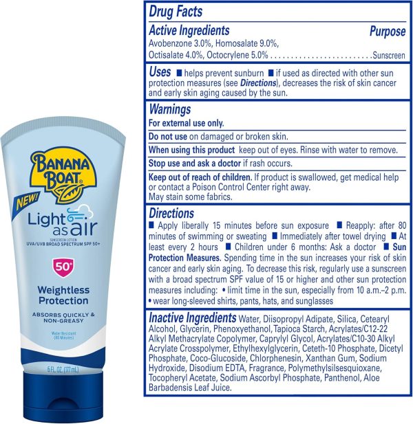 ⁦Banana Boat Light As Air Sunscreen Lotion SPF 50 Twin Pack | Lightweight Sunscreen, Lotion Sunscreen, Banana Boat Sunscreen Lotion for Body, Non-Greasy Sunscreen, Oxybenzone Free Sunscreen, 6oz each⁩ - الصورة ⁦2⁩