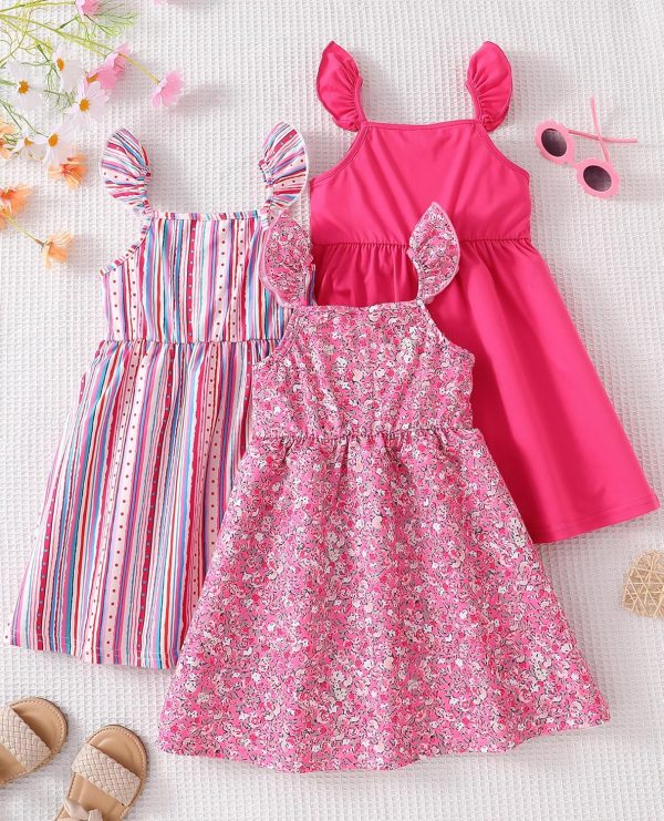 ⁦VeryNew 3-Pack Girls Sleeveless Dresses Color stripes Purple Solid Color Print Vest Dresses for 4-8 Years⁩ - الصورة ⁦5⁩