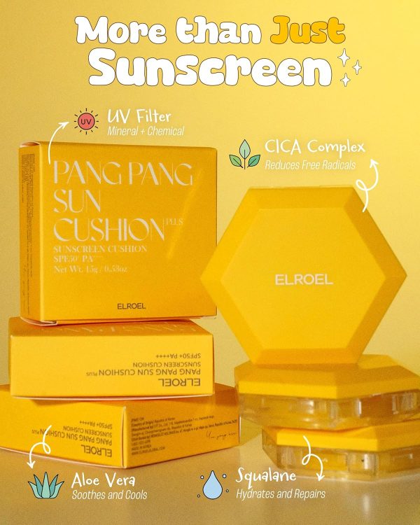 ⁦ELROEL Pang Pang Sun Cushion Plus - Korean Hypoallergenic & Lightweight Sunscreen with Puff Sponge - Broad Spectrum SPF50+ PA++++ (0.53 oz)⁩ - الصورة ⁦8⁩