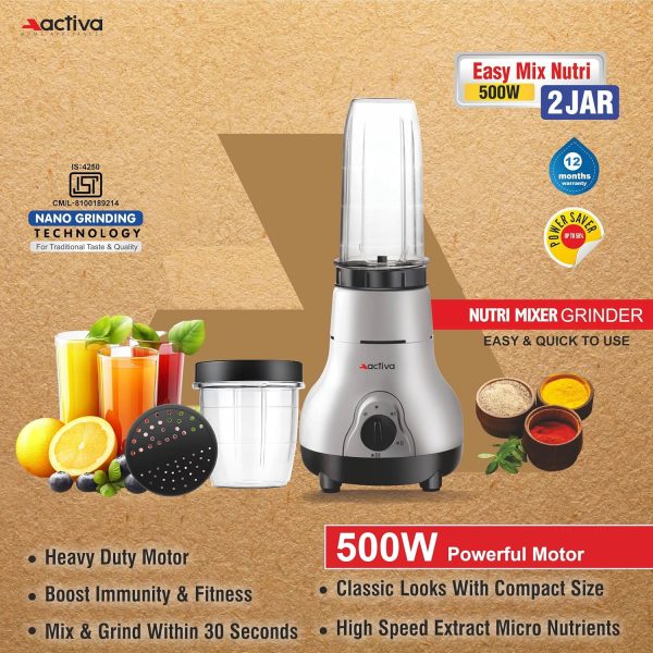⁦ACTIVA Easy Mix Nutri 2 Jar Mixer Grinder Powerful 500 Watt Motor | Long Lasting Shock Proof Abs Body | Heavy Duty Motor With Nano - Grinding Technology, Black⁩ - الصورة ⁦2⁩