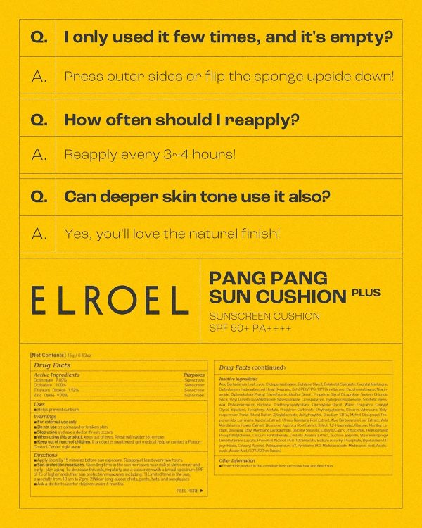 ⁦ELROEL Pang Pang Sun Cushion Plus - Korean Hypoallergenic & Lightweight Sunscreen with Puff Sponge - Broad Spectrum SPF50+ PA++++ (0.53 oz)⁩ - الصورة ⁦9⁩